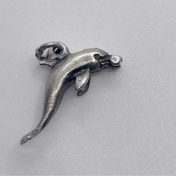 VTG Sterling Silver Dolphin w Barbell Mini Charm for Charm Bracelet - Picture 1 of 4